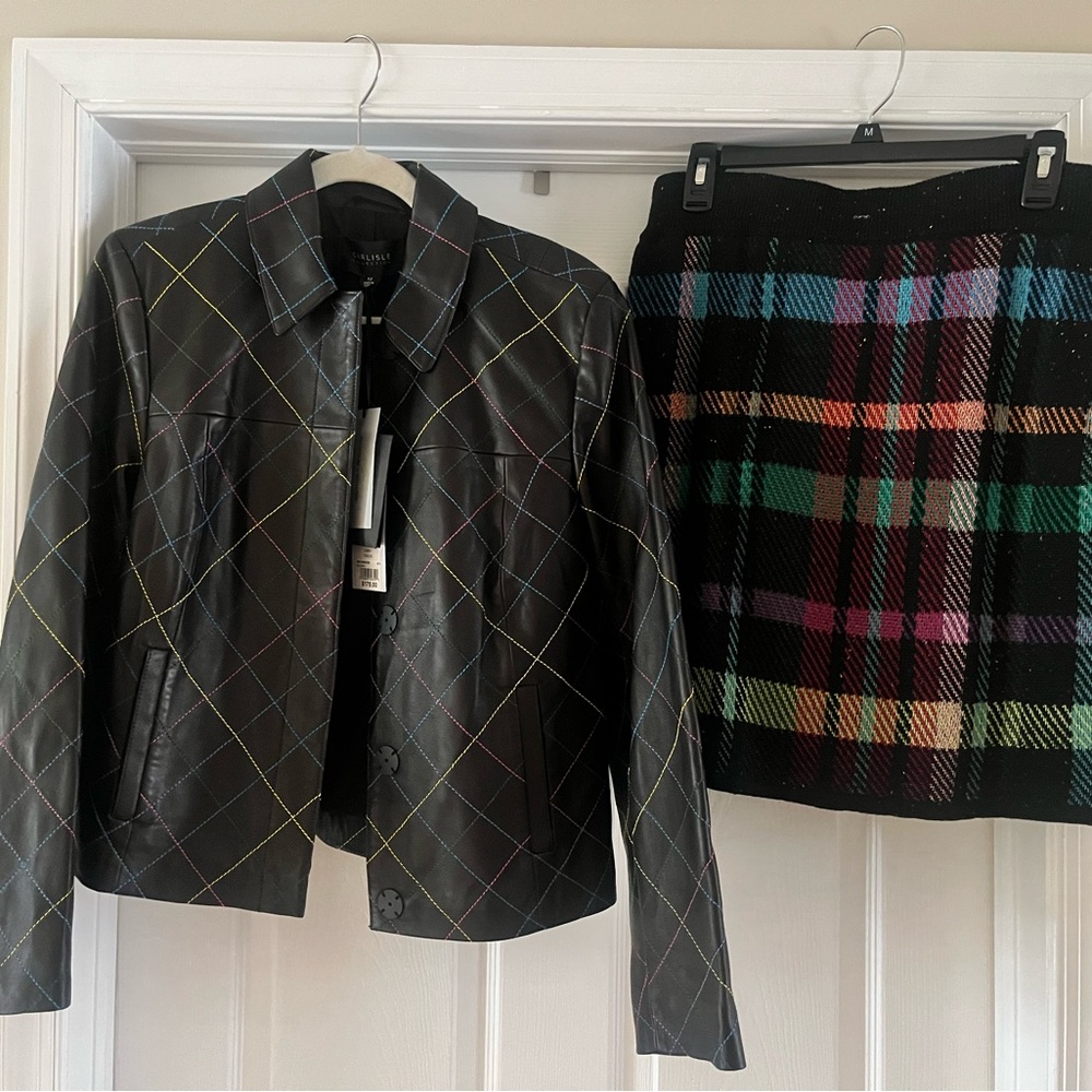 Carlisle Black Multicolor Stitch Leather Jacket & For the Republic plaid skirt